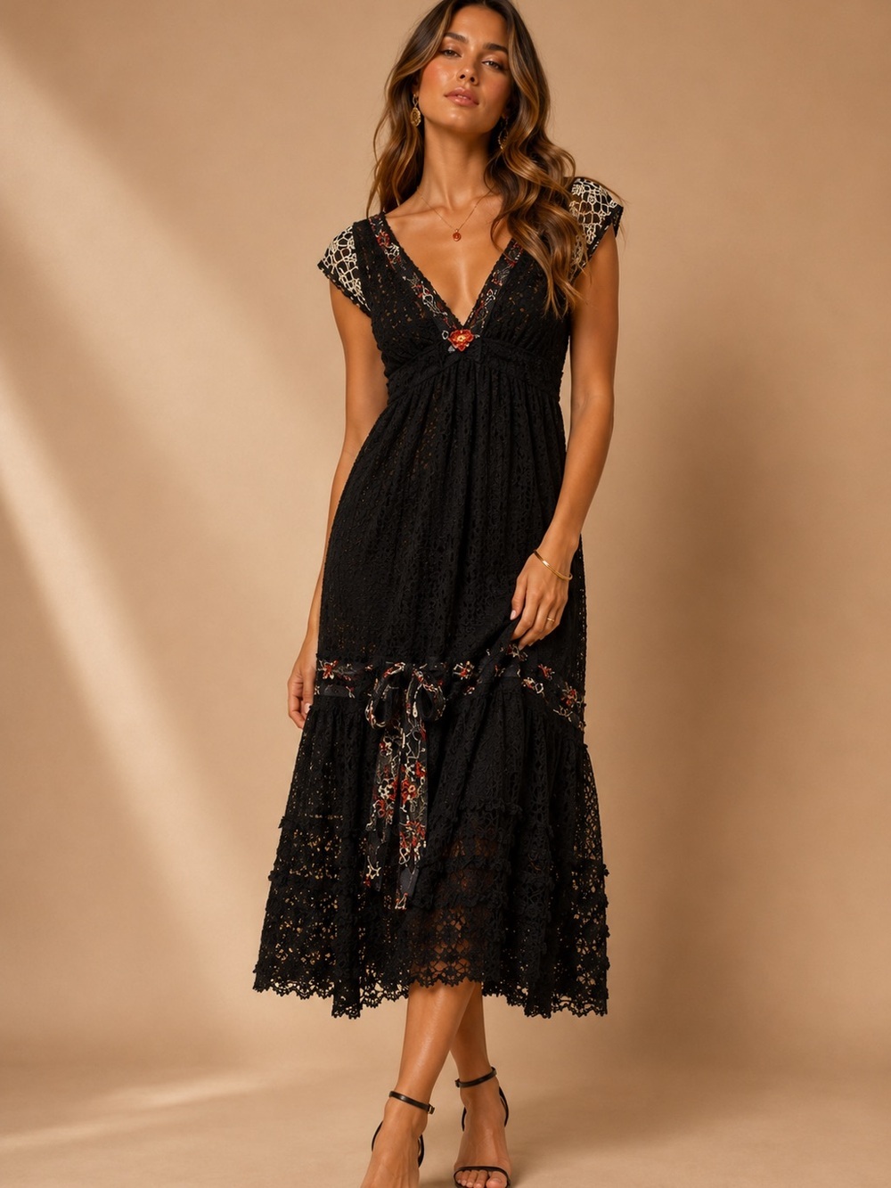 Betsy Johnson Black Crochet Boho Midi Dress Floral Lace Cottagecore Festival S